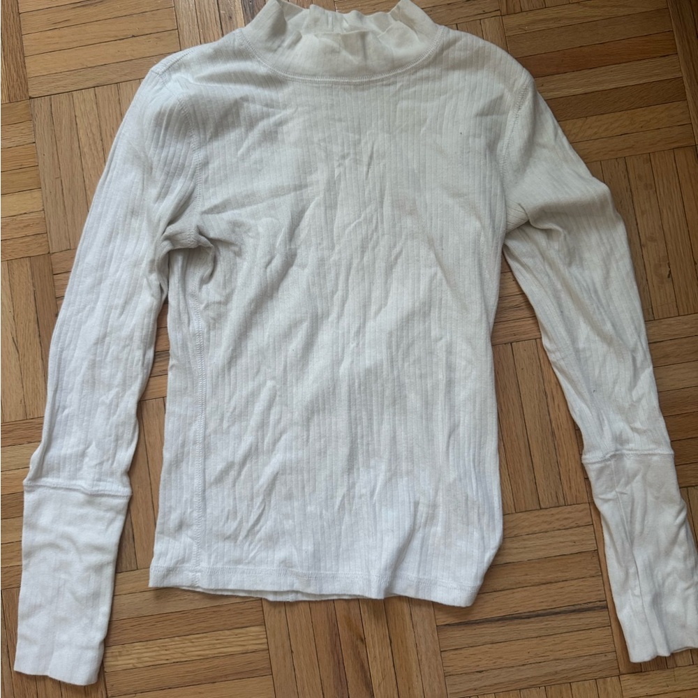 Free People Cream Ribbed Mock Neck Long Sleeve Tee